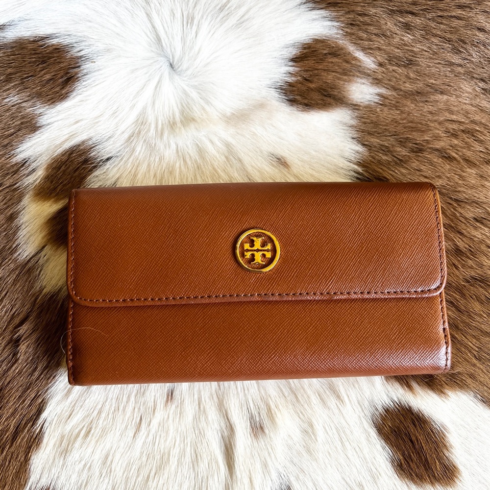 Tory Burch Tan Leather Wallet with Gold Logo